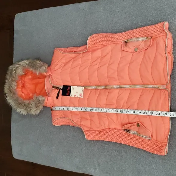 🆕️ HANTON Coral Quilted Faux Fur Removable Hooded Vest SIZE: L