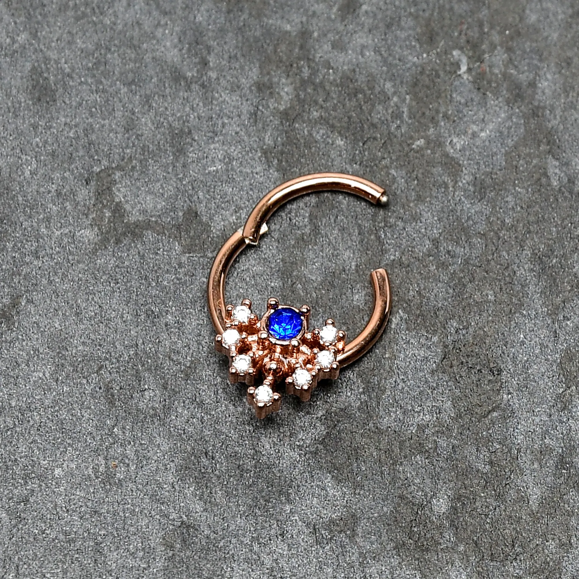 16 Gauge 3/8 Blue Gem Rose Gold Tone Glamour Flare Hinged Segment Ring