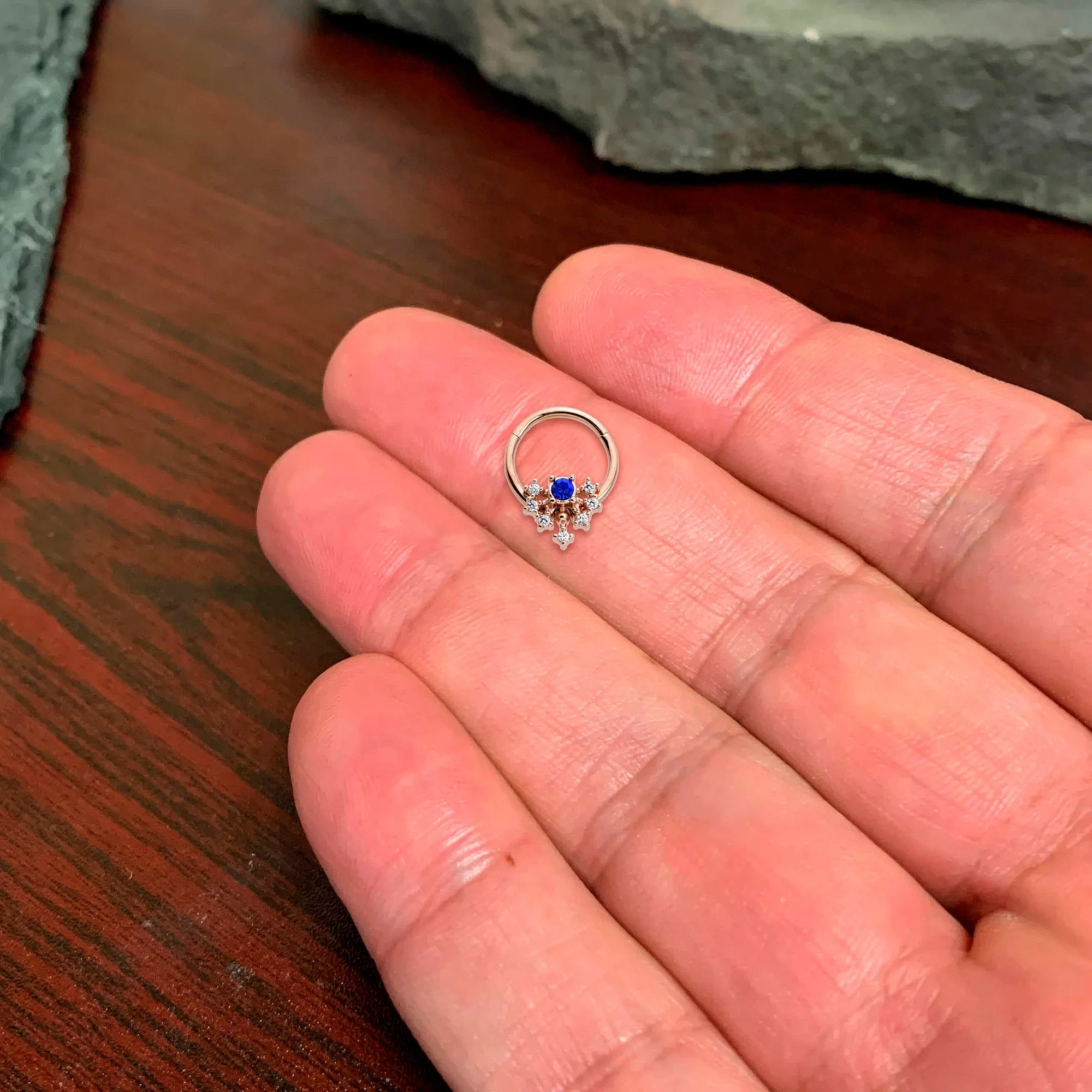 16 Gauge 3/8 Blue Gem Rose Gold Tone Glamour Flare Hinged Segment Ring