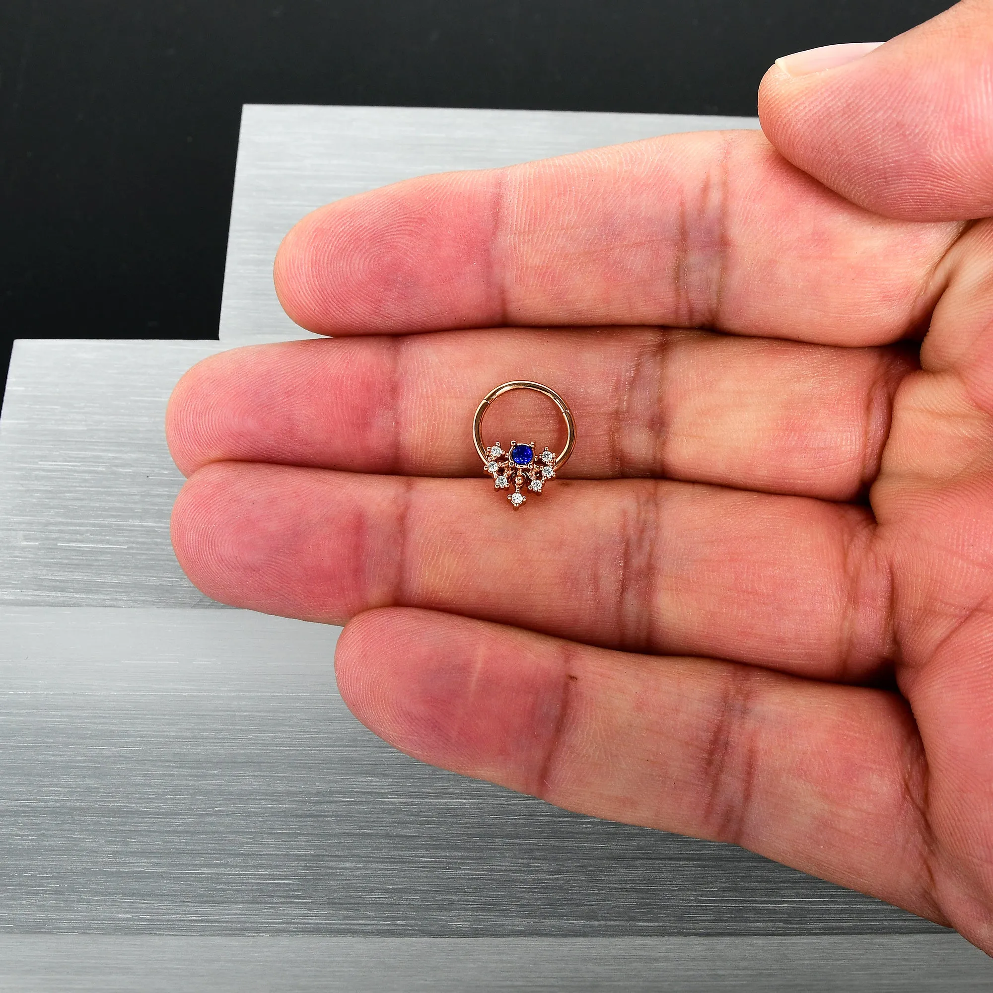 16 Gauge 3/8 Blue Gem Rose Gold Tone Glamour Flare Hinged Segment Ring