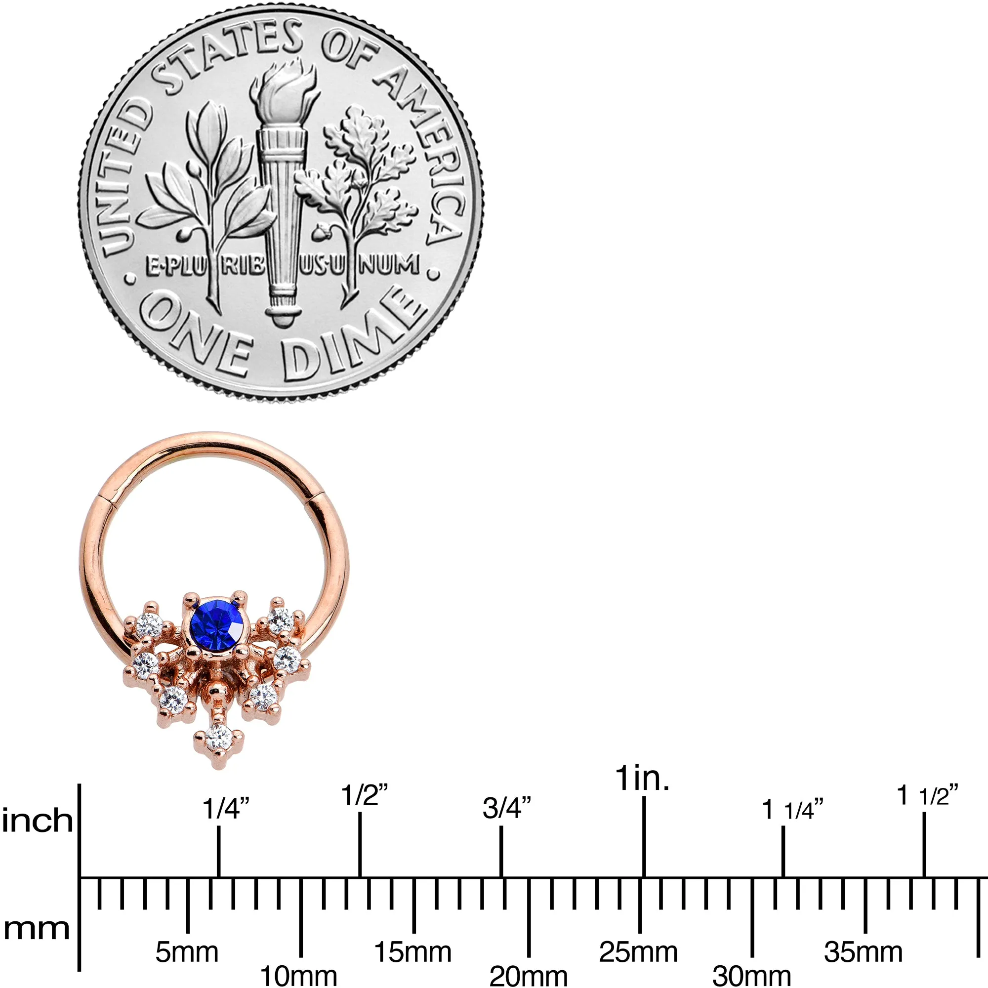 16 Gauge 3/8 Blue Gem Rose Gold Tone Glamour Flare Hinged Segment Ring