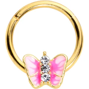 16 Gauge 3/8 Clear Gem Gold Tone Pink Butterfly Septum Ring