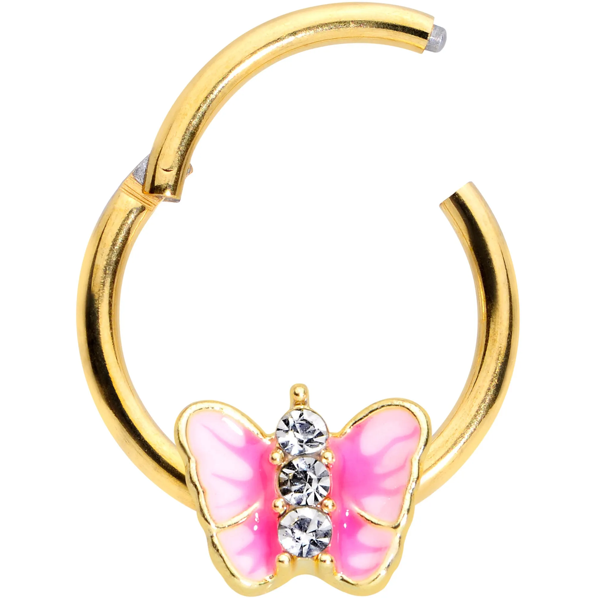 16 Gauge 3/8 Clear Gem Gold Tone Pink Butterfly Septum Ring