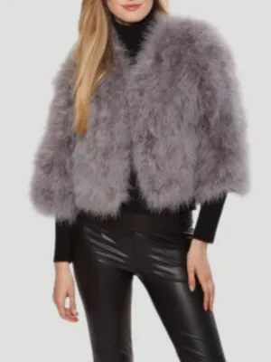 3/4 Sleeve Marabou Feather Bolero Jacket in Grey