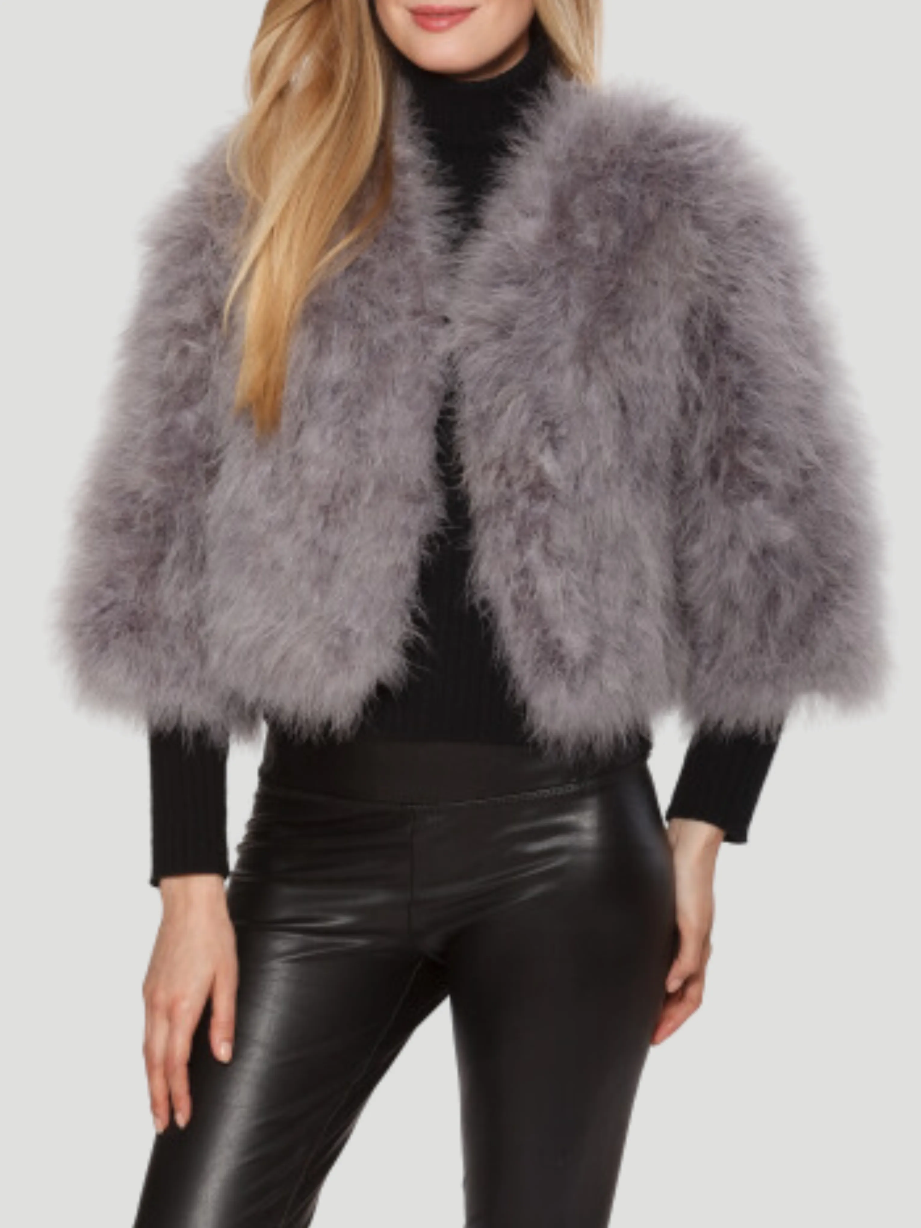 3/4 Sleeve Marabou Feather Bolero Jacket in Grey