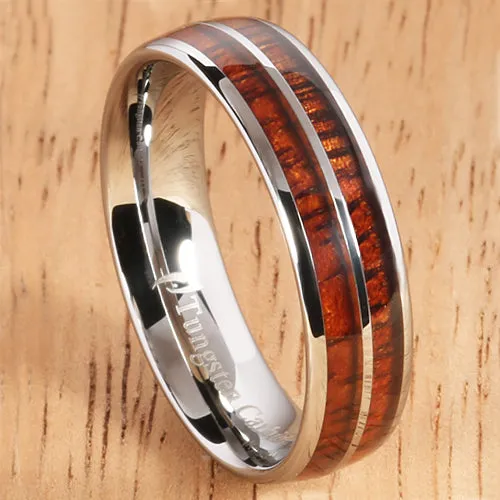 6mm Natural Hawaiian Koa Wood Inlaid Tungsten Double Row Wedding Ring