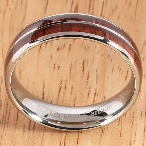 6mm Natural Hawaiian Koa Wood Inlaid Tungsten Double Row Wedding Ring