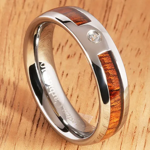 6mm Natural Hawaiian Koa Wood Inlaid Tungsten with CZ Oval Wedding Ring