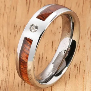 6mm Natural Hawaiian Koa Wood Inlaid Tungsten with CZ Oval Wedding Ring