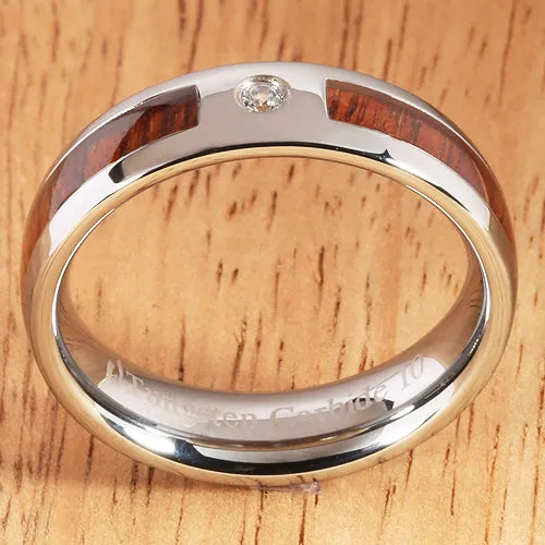 6mm Natural Hawaiian Koa Wood Inlaid Tungsten with CZ Oval Wedding Ring
