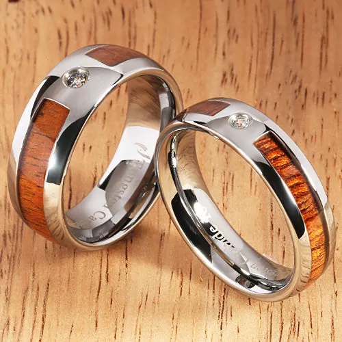 6mm Natural Hawaiian Koa Wood Inlaid Tungsten with CZ Oval Wedding Ring