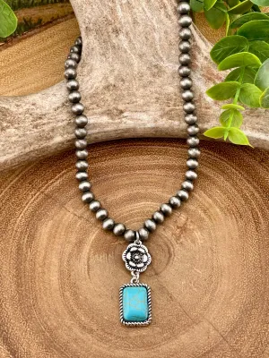 Abigail Fashion 6mm Navajo Necklace With Flower & Vertical Bar Pendant - 14"