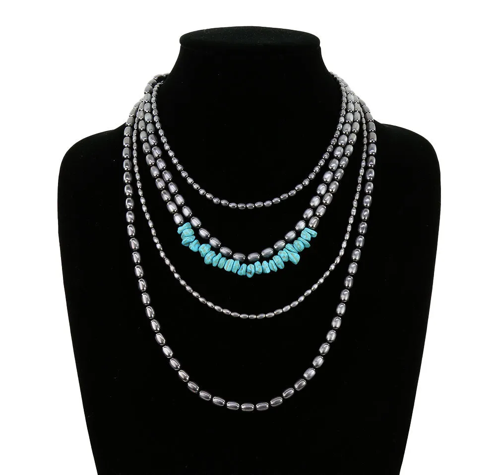 Aluma 5 Layer Cylinder Bead & Tumbled Stone Necklace - Turquoise