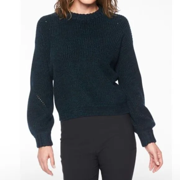 Athleta Teal &amp; Black Marled Wool Cashmere Crewneck Pointelle Lucca Sweater XS