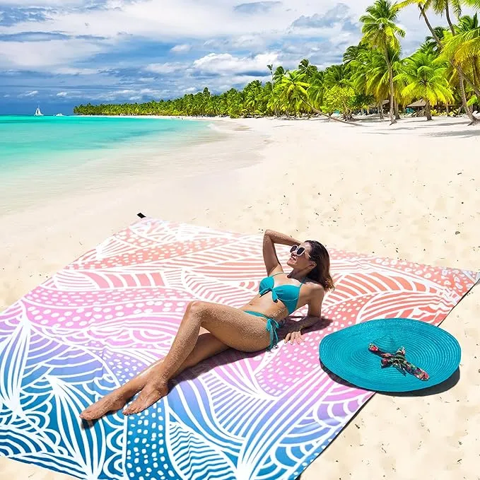 Beach Blanket Sandproof Extra Large Beach Mat Adults Waterproof Quick Drying Sand Free Mat Made by Premium Polyester with 4 Stakes & 4 Corner Pockets for Outdoor Travel Camping Hiking