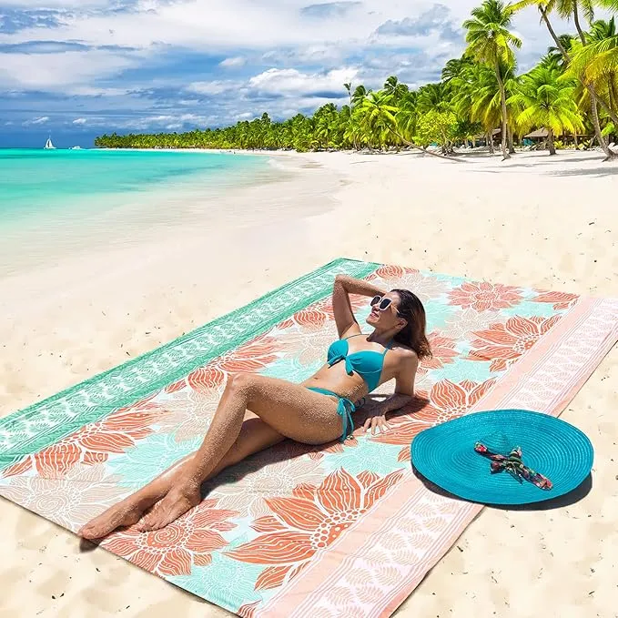 Beach Blanket Sandproof Extra Large Beach Mat Adults Waterproof Quick Drying Sand Free Mat Made by Premium Polyester with 4 Stakes & 4 Corner Pockets for Outdoor Travel Camping Hiking