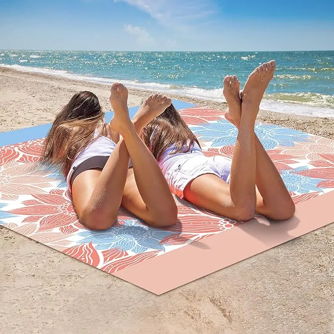 Beach Blanket Sandproof Extra Large Beach Mat Adults Waterproof Quick Drying Sand Free Mat Made by Premium Polyester with 4 Stakes & 4 Corner Pockets for Outdoor Travel Camping Hiking