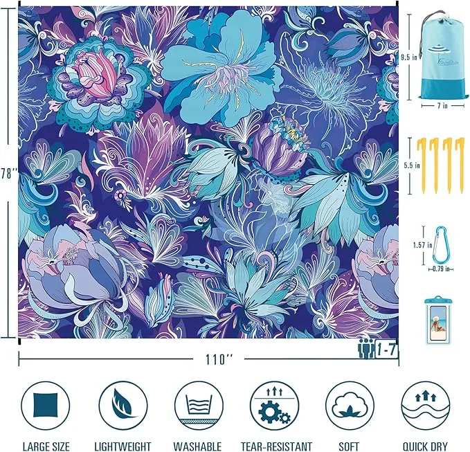 Beach Blanket Sandproof Waterproof 78''×110'' 1-7Adults Oversized,Compact Lightweight Durable Beach Mat for Travel Camping Hiking Picnic Blanket