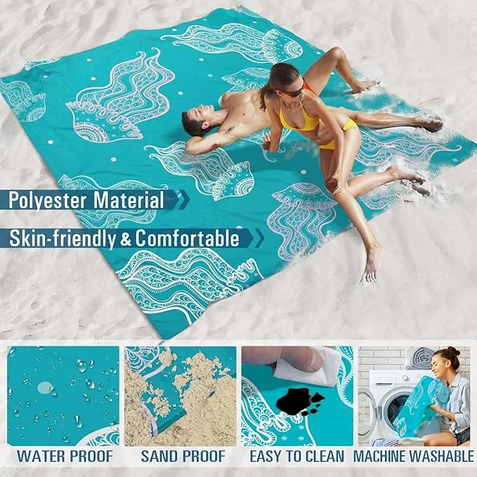 Beach Blanket Sandproof Waterproof 78''×81''1-5 Adults Oversized,Compact Lightweight Durable Beach Mat for Travel Camping Hiking Picnic Blanket