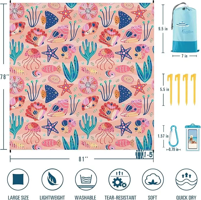 Beach Blanket Sandproof Waterproof 78''×81''1-5Adults Oversized,Compact Lightweight Durable Beach Mat for Travel Camping Hiking Picnic Blanket