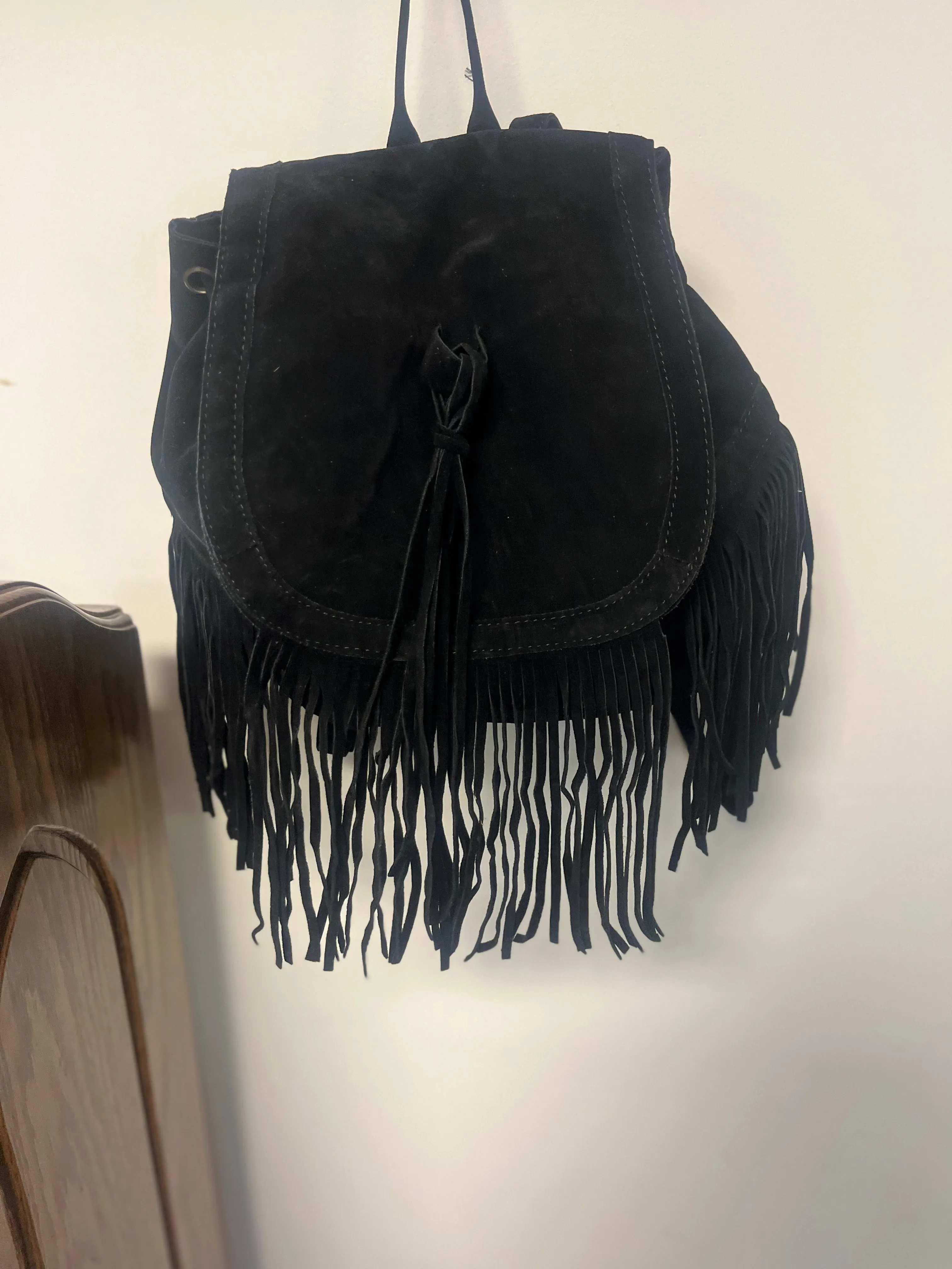 Black Faux Suede Fringe Backpack