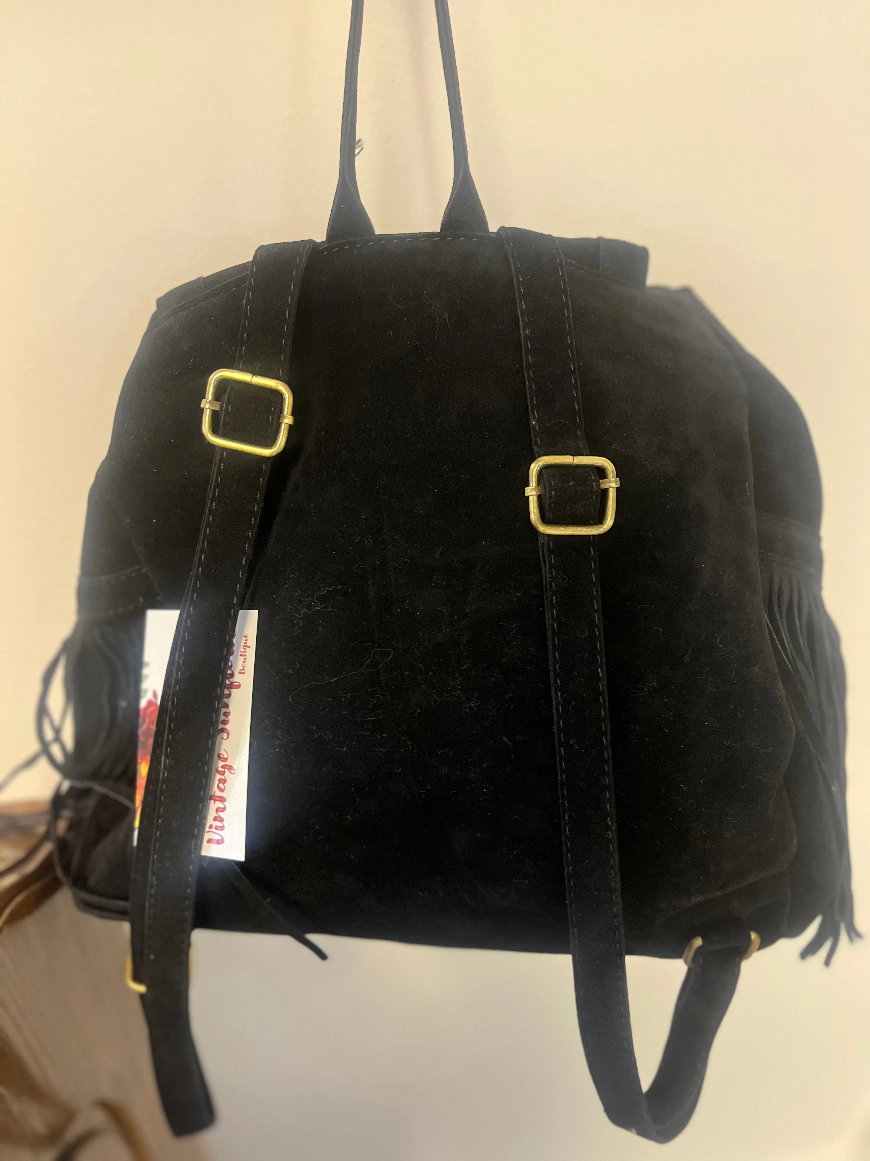 Black Faux Suede Fringe Backpack