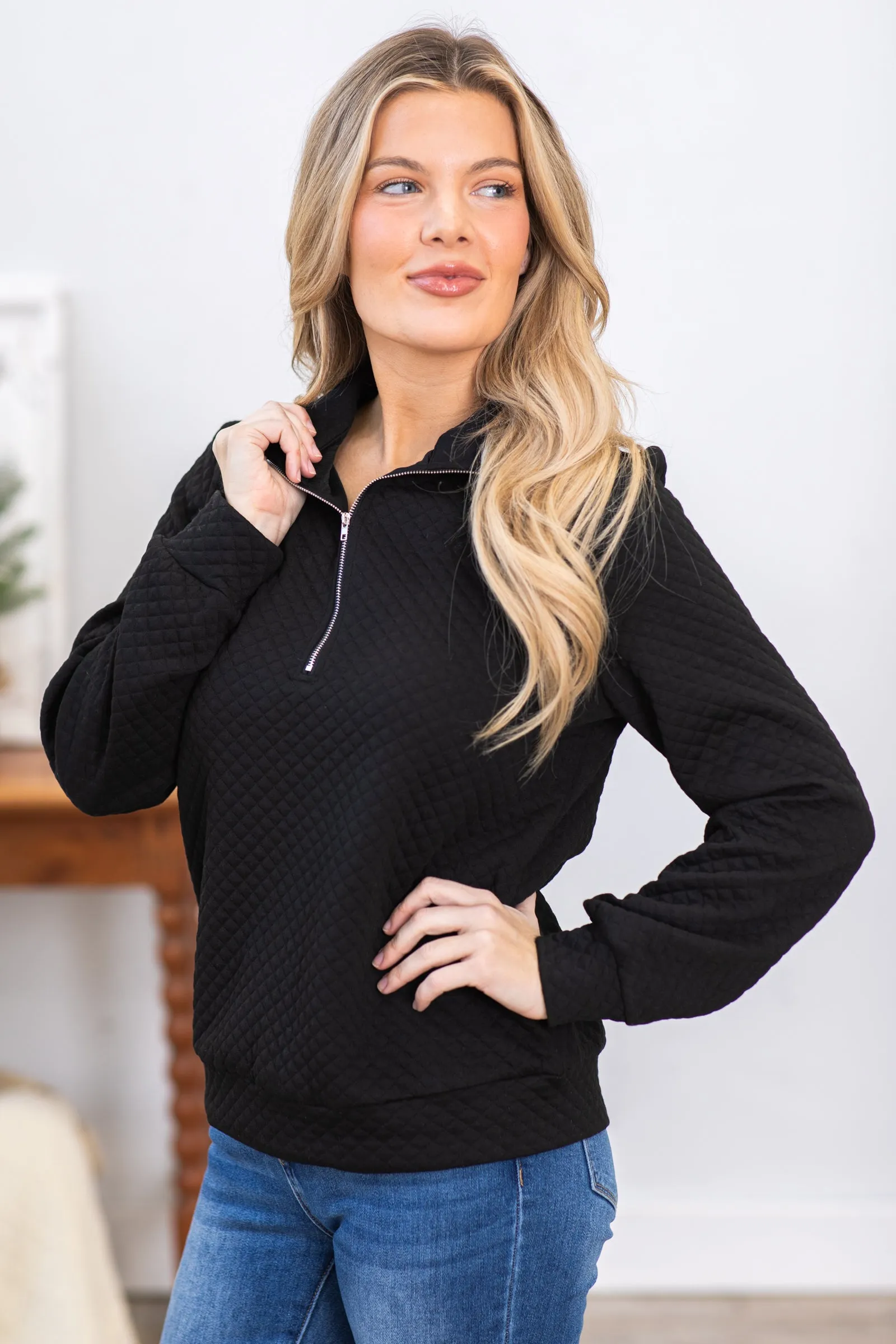 Black Half Zip Quilted Pullover