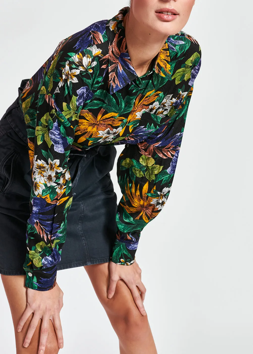 Black oversized shirt with colorful floral print