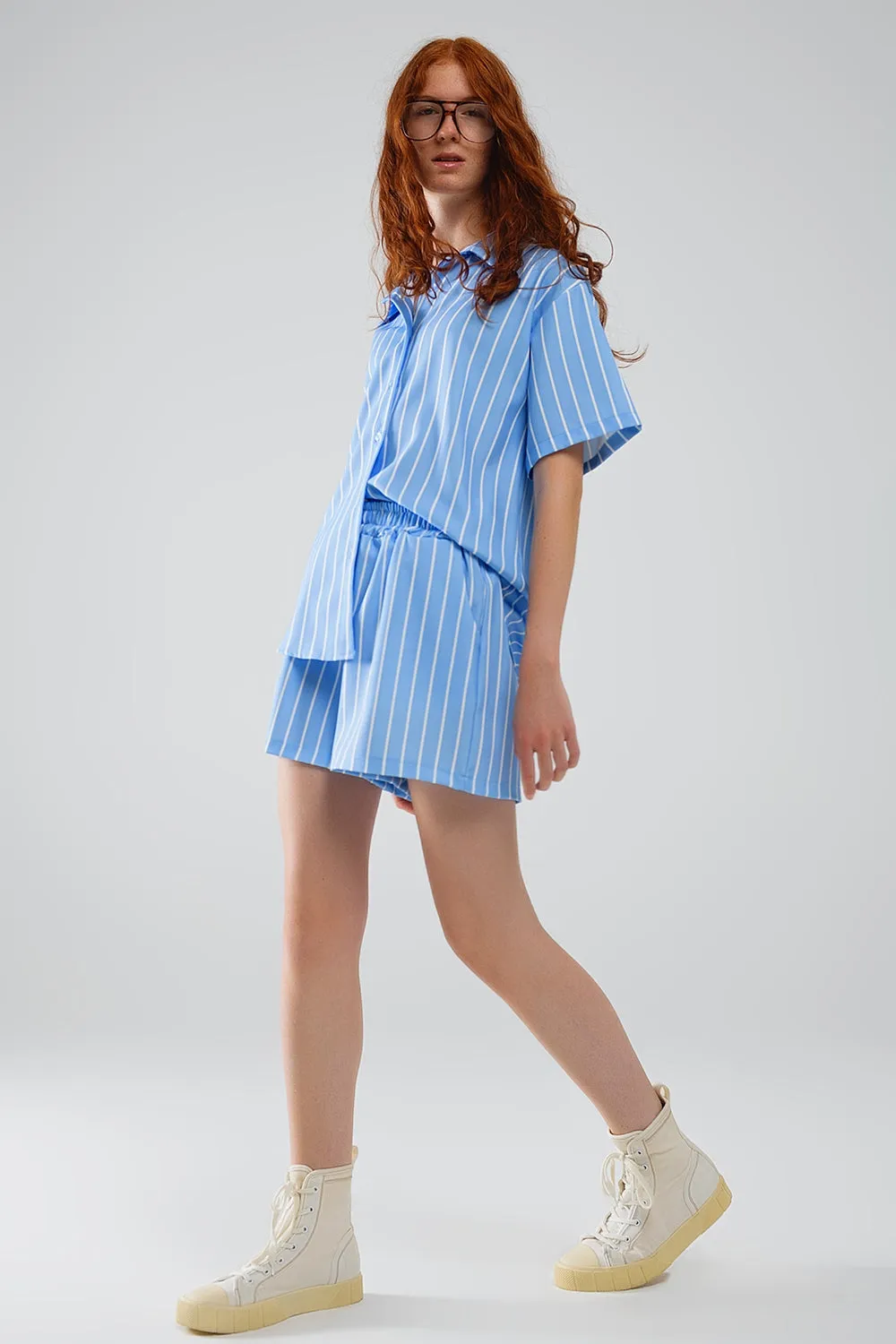 Blue Striped Flowing Shorts