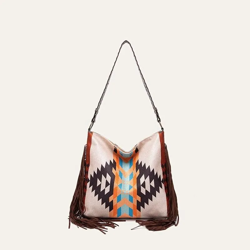 Bohemian Chic Large Canvas Shoulder Bag with Colorful Knitting and Tassel Details