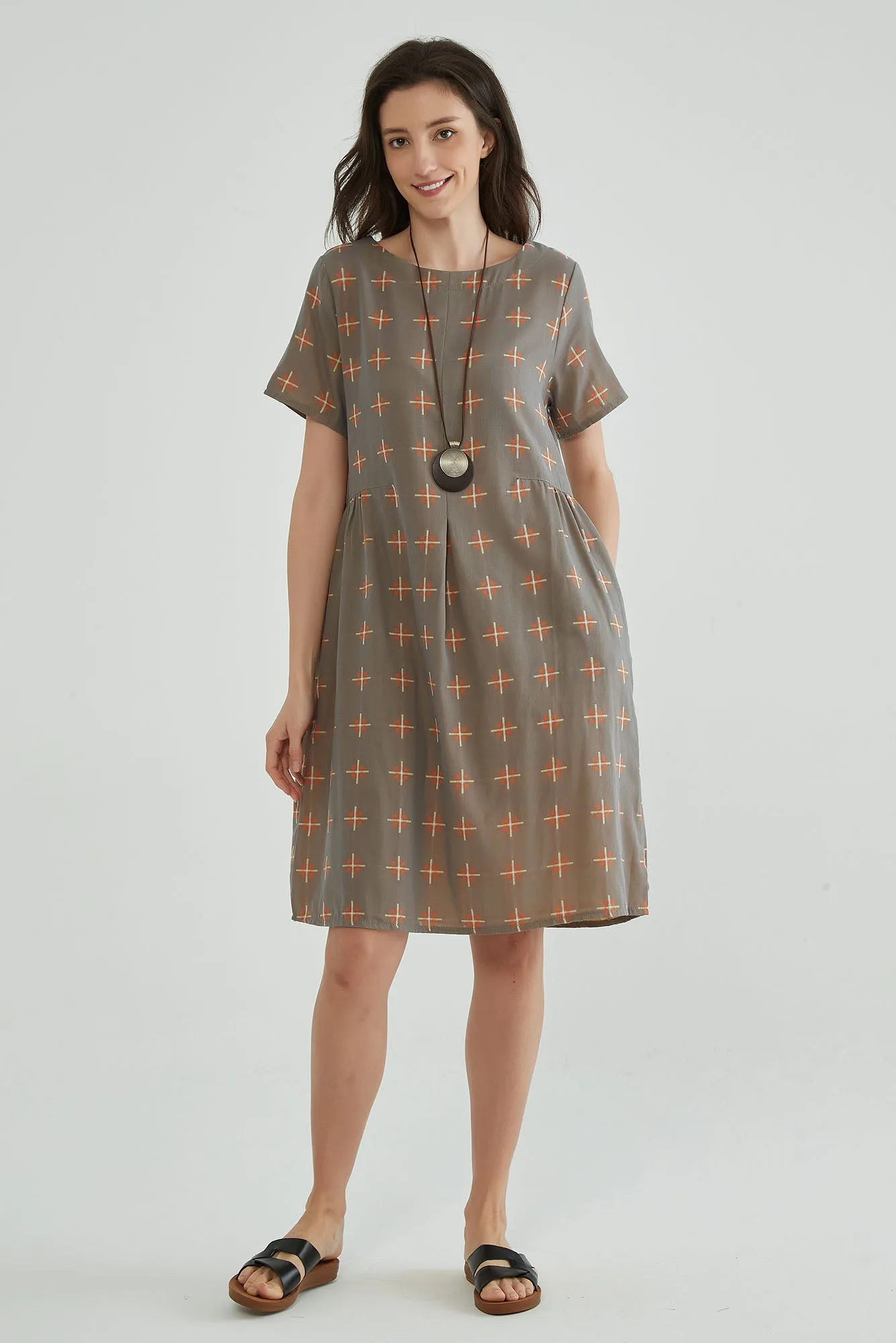 Brownish Gray A-Line Jacquard Gauze Dress