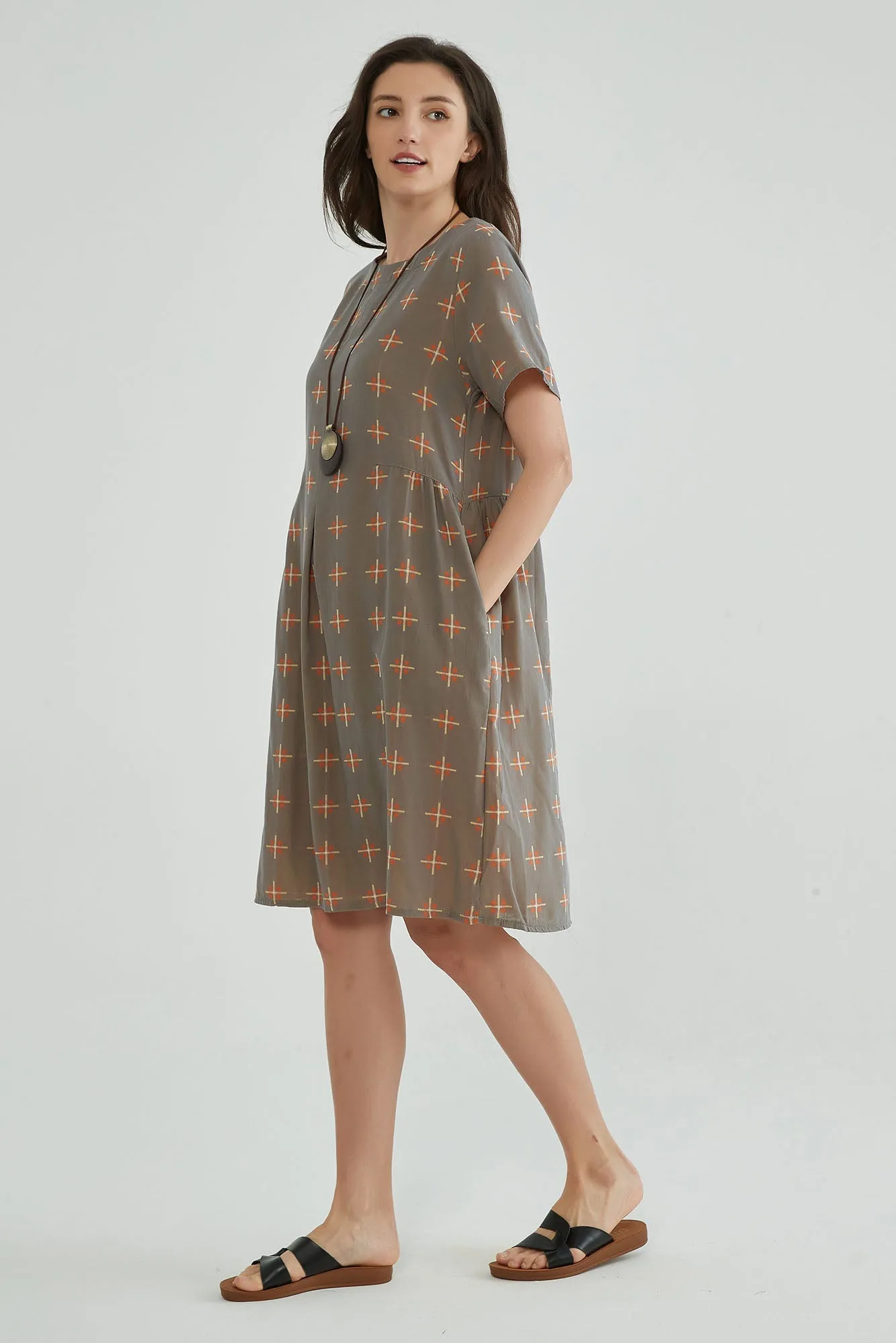 Brownish Gray A-Line Jacquard Gauze Dress