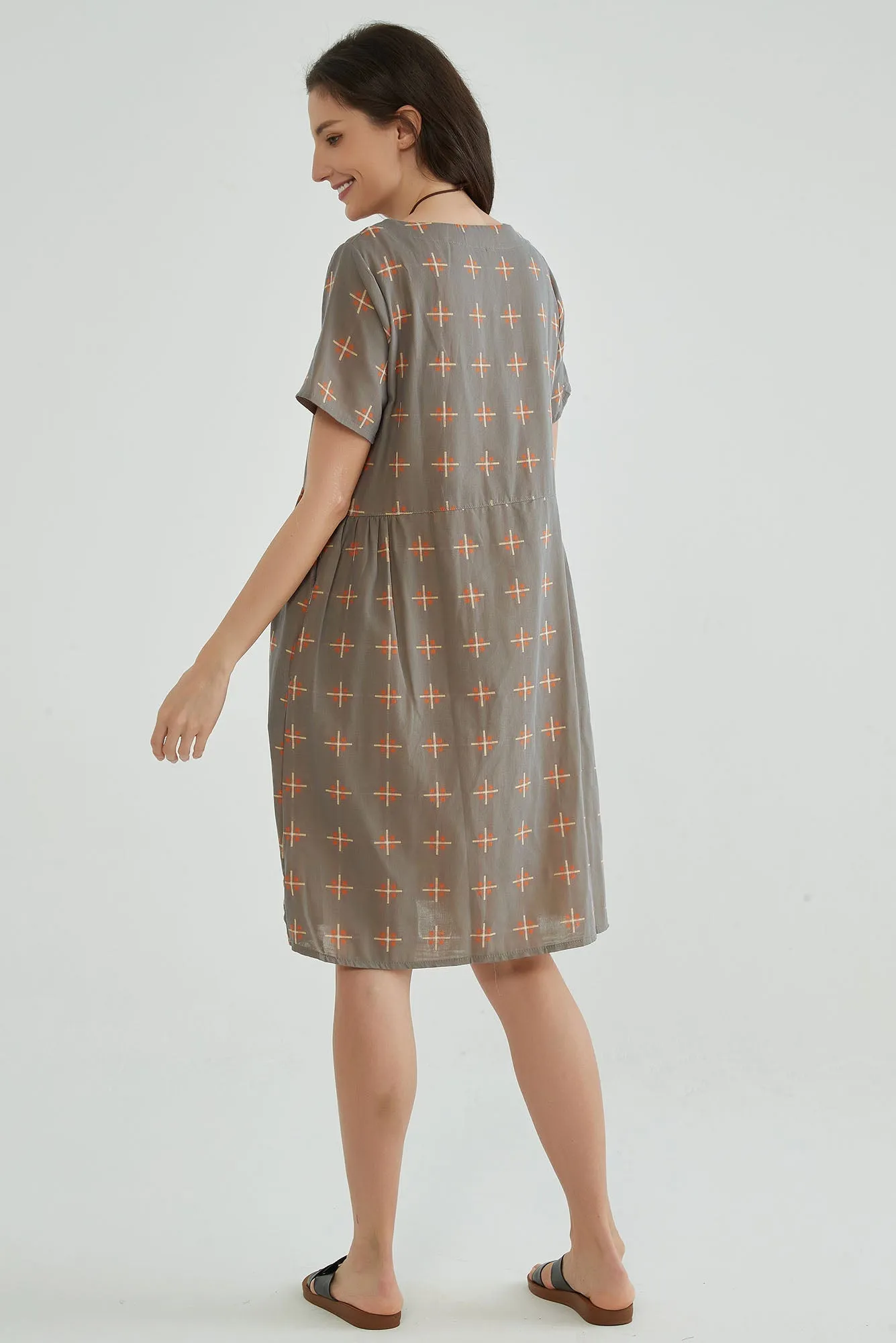 Brownish Gray A-Line Jacquard Gauze Dress