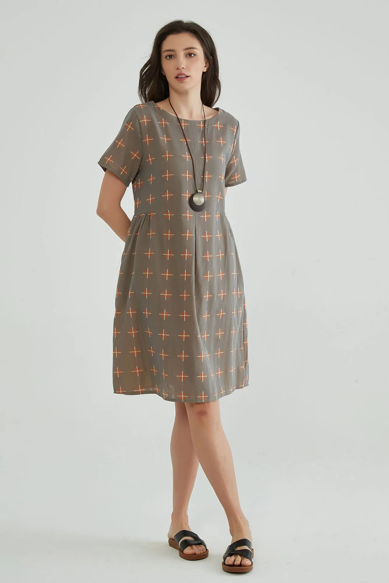 Brownish Gray A-Line Jacquard Gauze Dress