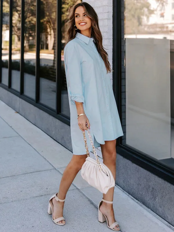 Button-Down Long-Sleeved Shirt Dress with Classic Collar