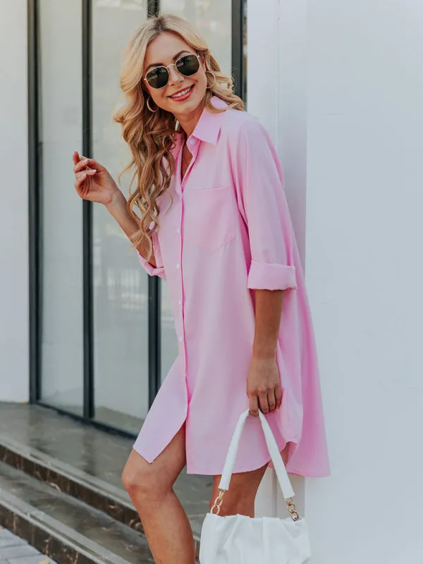 Button-Down Long-Sleeved Shirt Dress with Classic Collar