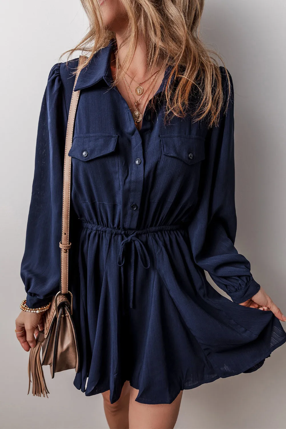 Buttoned Mini Dress with Drawstring Waist and Chest Pockets