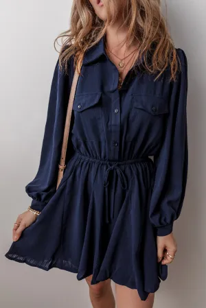 Buttoned Mini Dress with Drawstring Waist and Chest Pockets