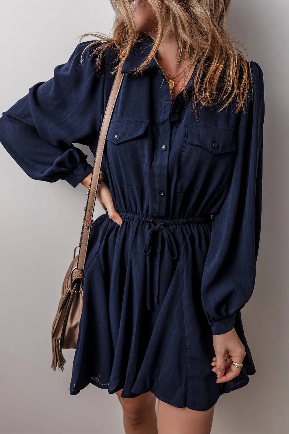 Buttoned Mini Dress with Drawstring Waist and Chest Pockets