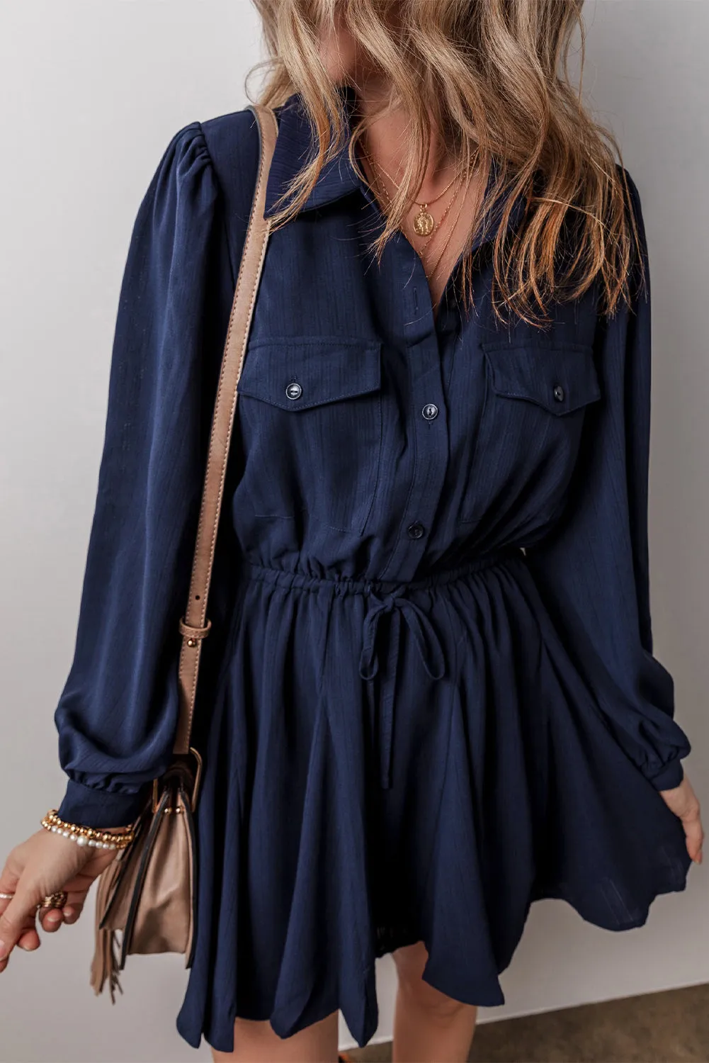Buttoned Mini Dress with Drawstring Waist and Chest Pockets