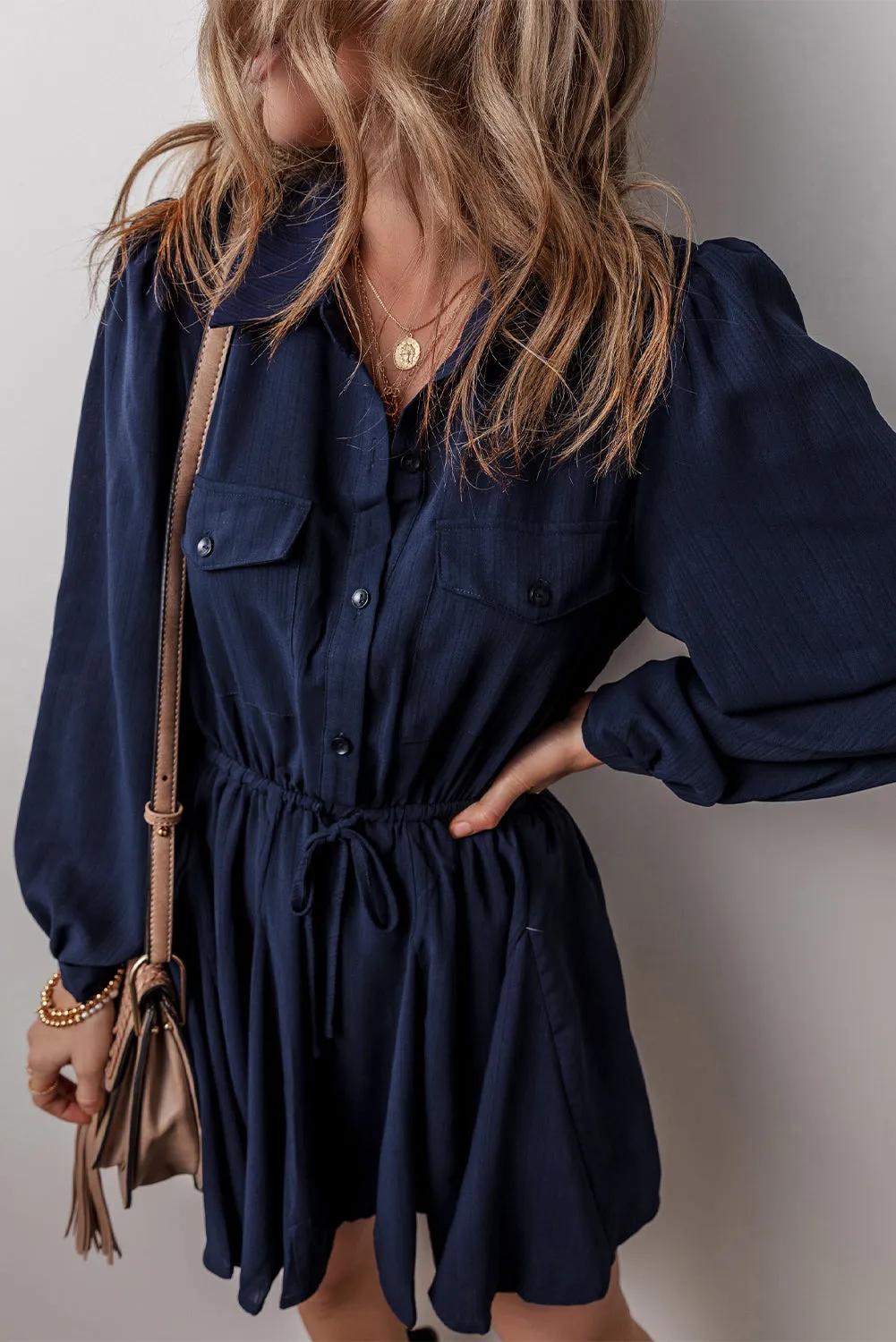 Buttoned Mini Dress with Drawstring Waist and Chest Pockets