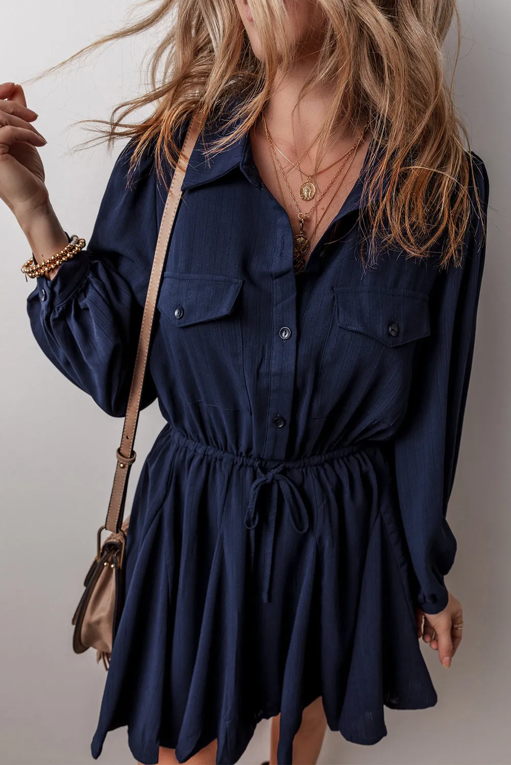 Buttoned Mini Dress with Drawstring Waist and Chest Pockets