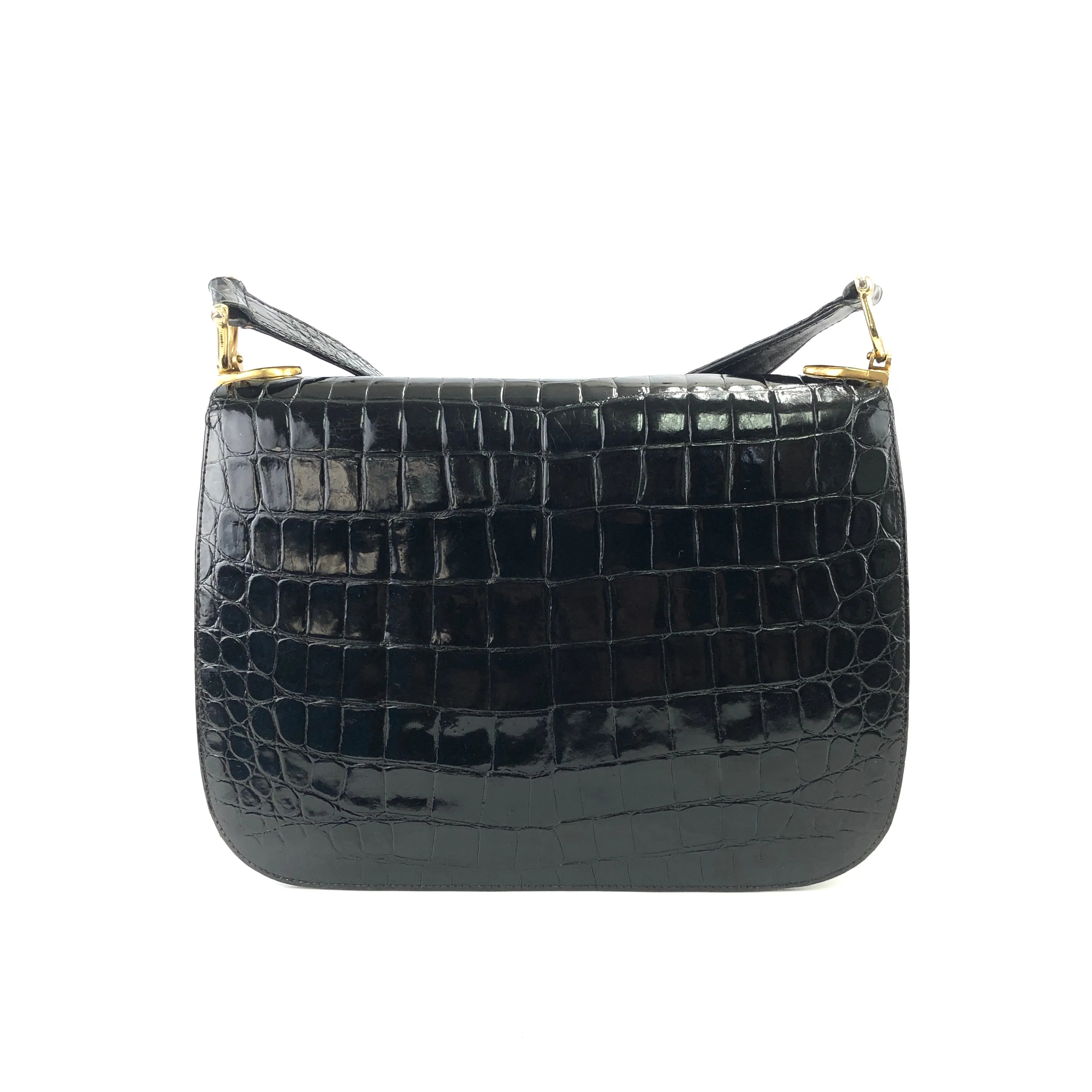 CELINE C logo Horse carriage Crocodile embossed leather Shoulder bag Black Old CELINE vintage 6tmne2