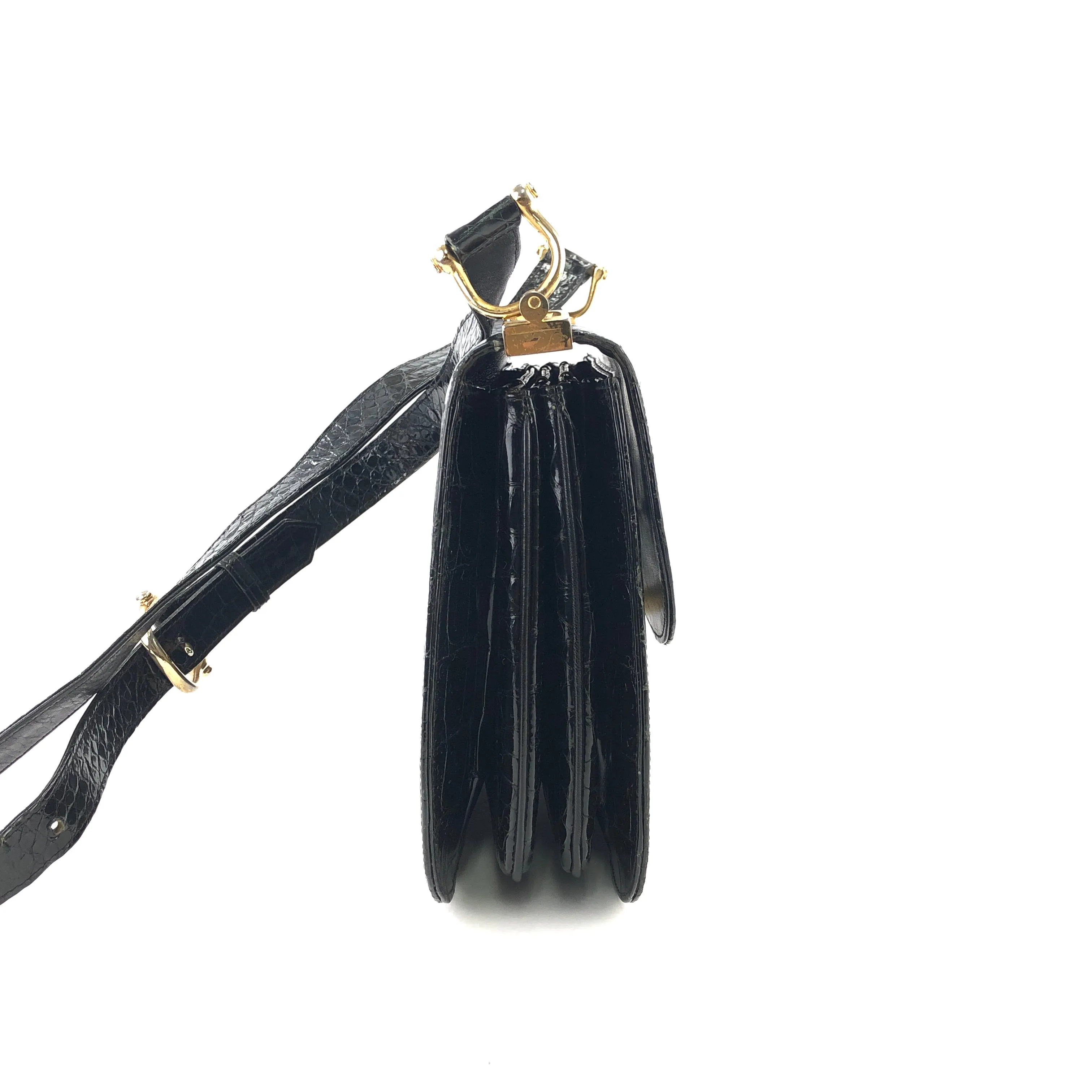 CELINE C logo Horse carriage Crocodile embossed leather Shoulder bag Black Old CELINE vintage 6tmne2