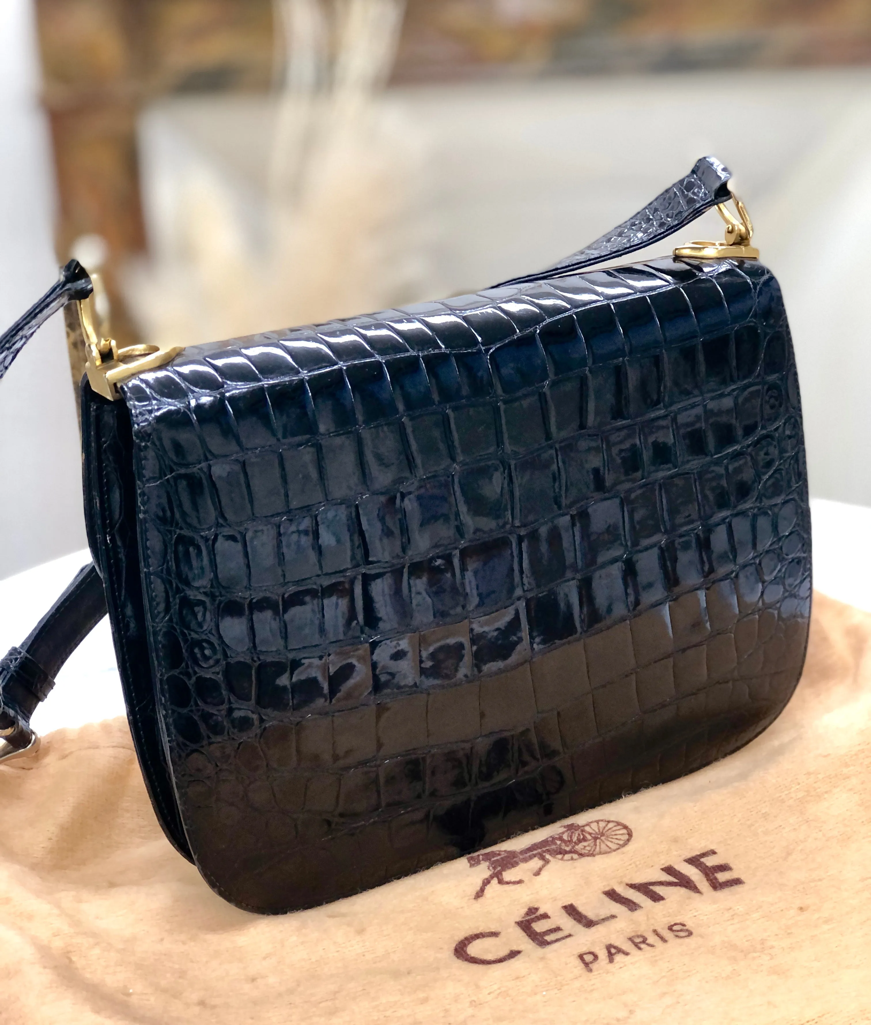 CELINE C logo Horse carriage Crocodile embossed leather Shoulder bag Black Old CELINE vintage 6tmne2