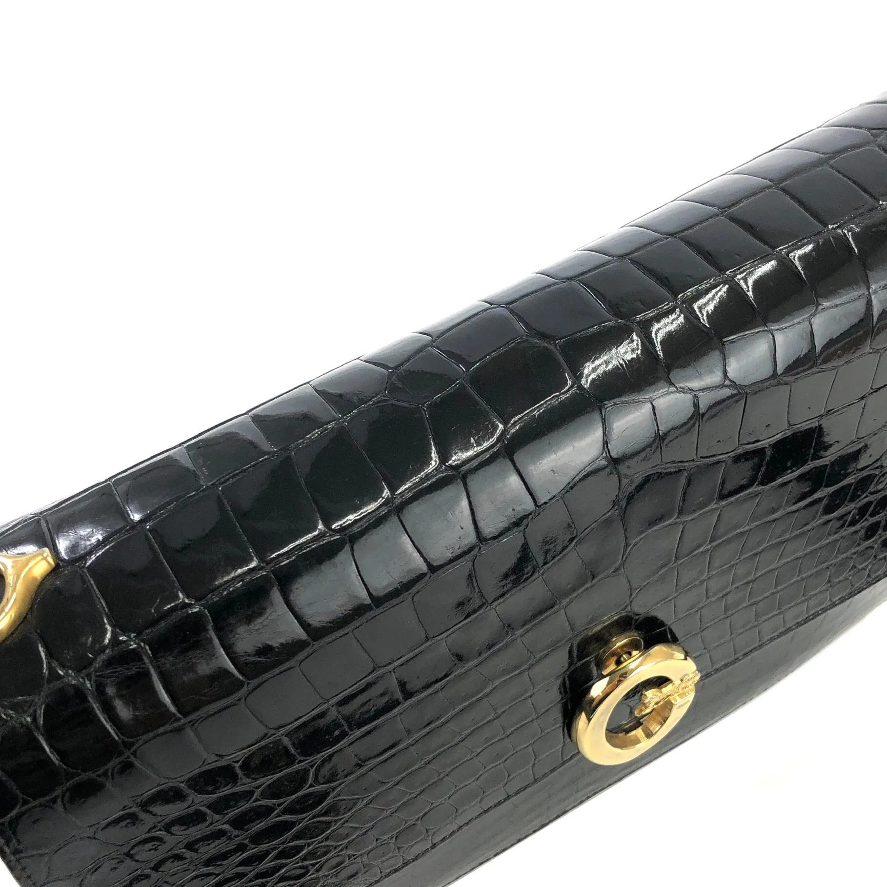 CELINE C logo Horse carriage Crocodile embossed leather Shoulder bag Black Old CELINE vintage 6tmne2