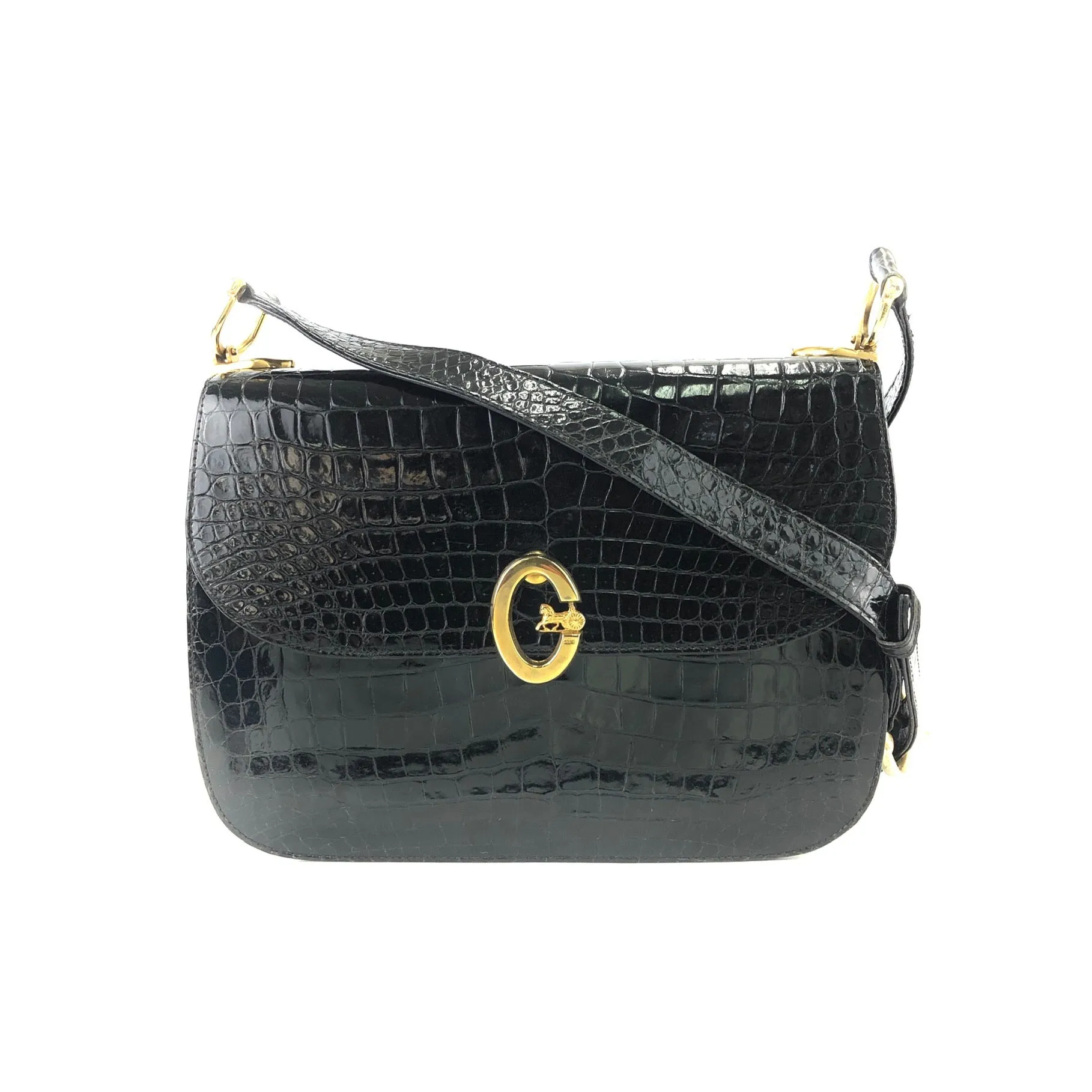 CELINE C logo Horse carriage Crocodile embossed leather Shoulder bag Black Old CELINE vintage 6tmne2