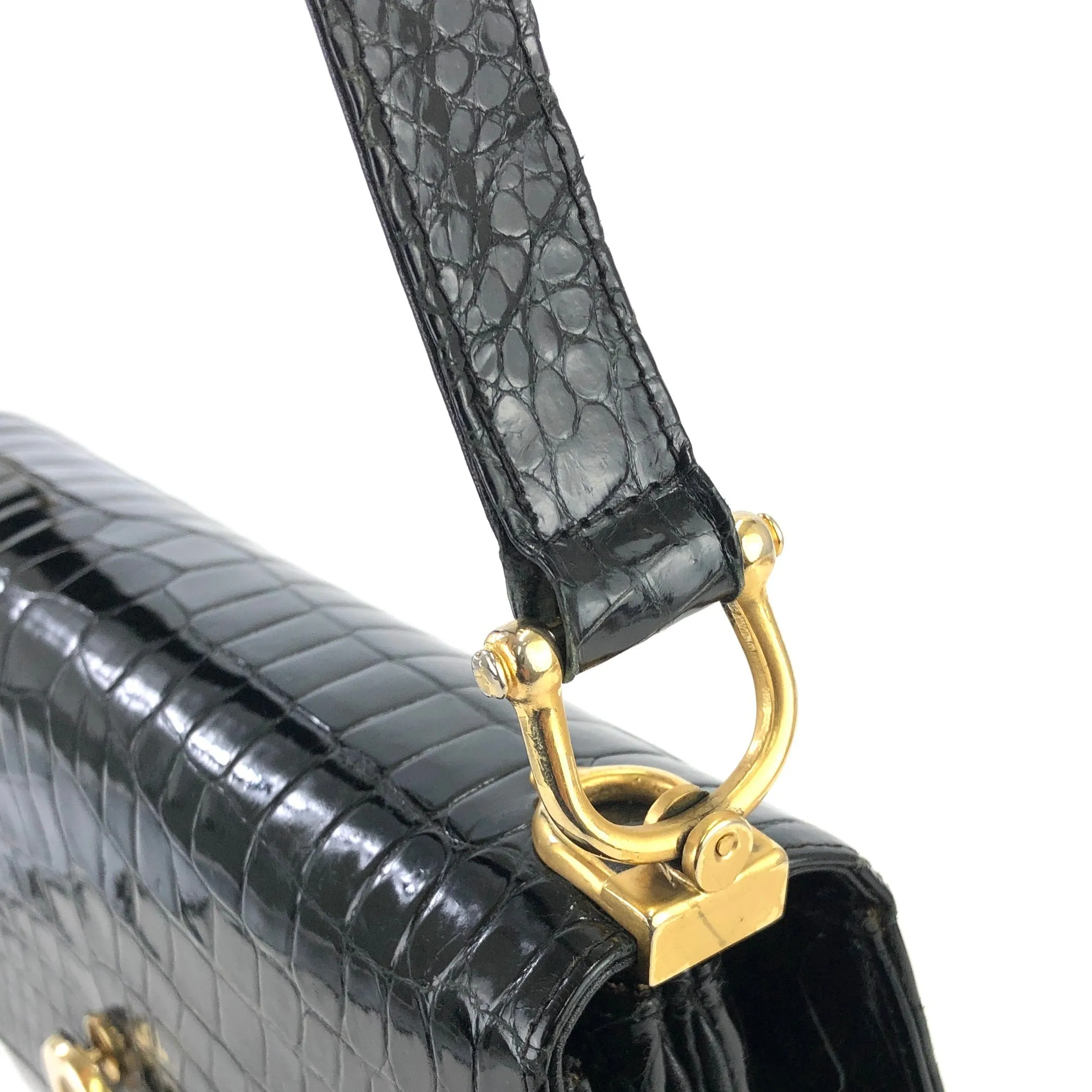 CELINE C logo Horse carriage Crocodile embossed leather Shoulder bag Black Old CELINE vintage 6tmne2