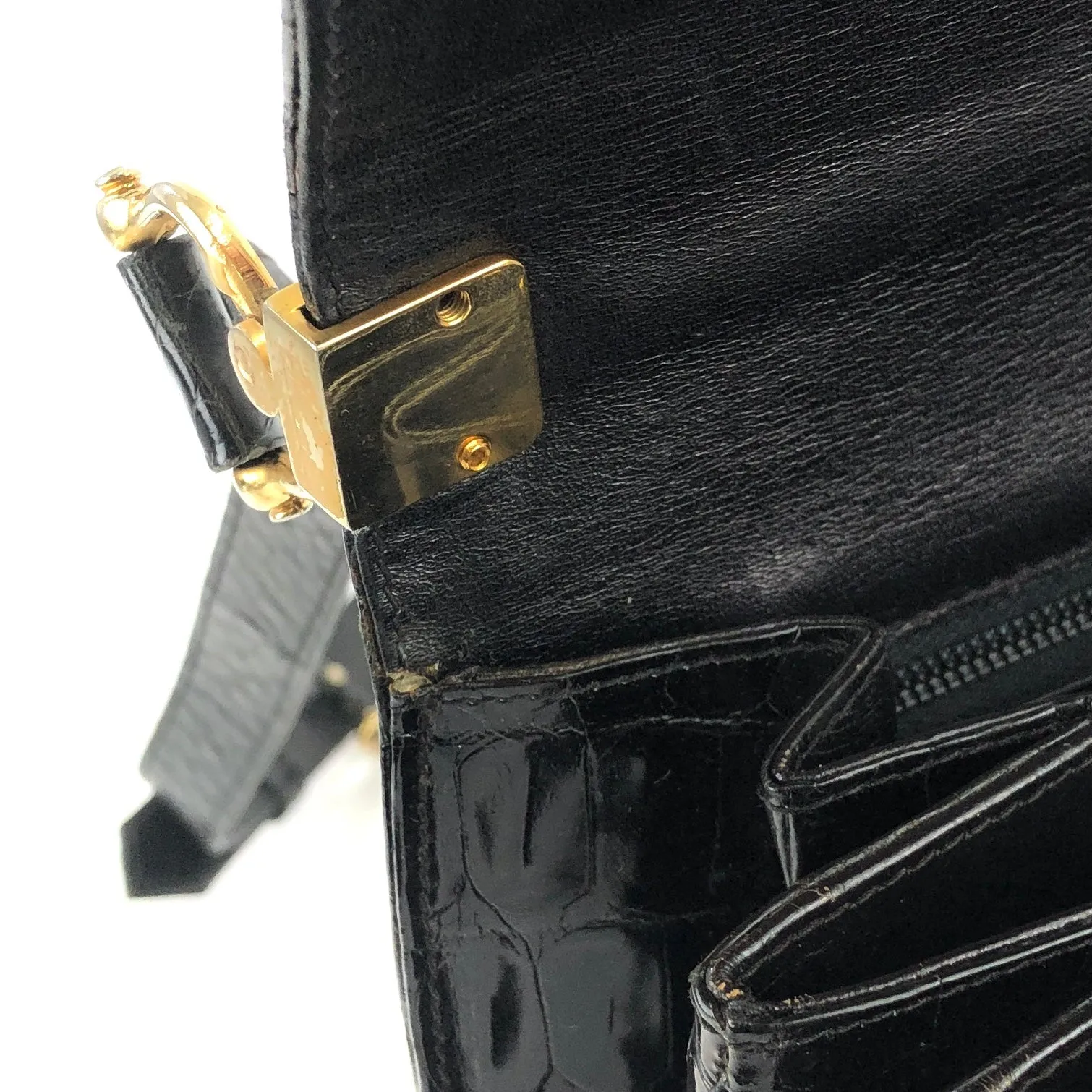 CELINE C logo Horse carriage Crocodile embossed leather Shoulder bag Black Old CELINE vintage 6tmne2