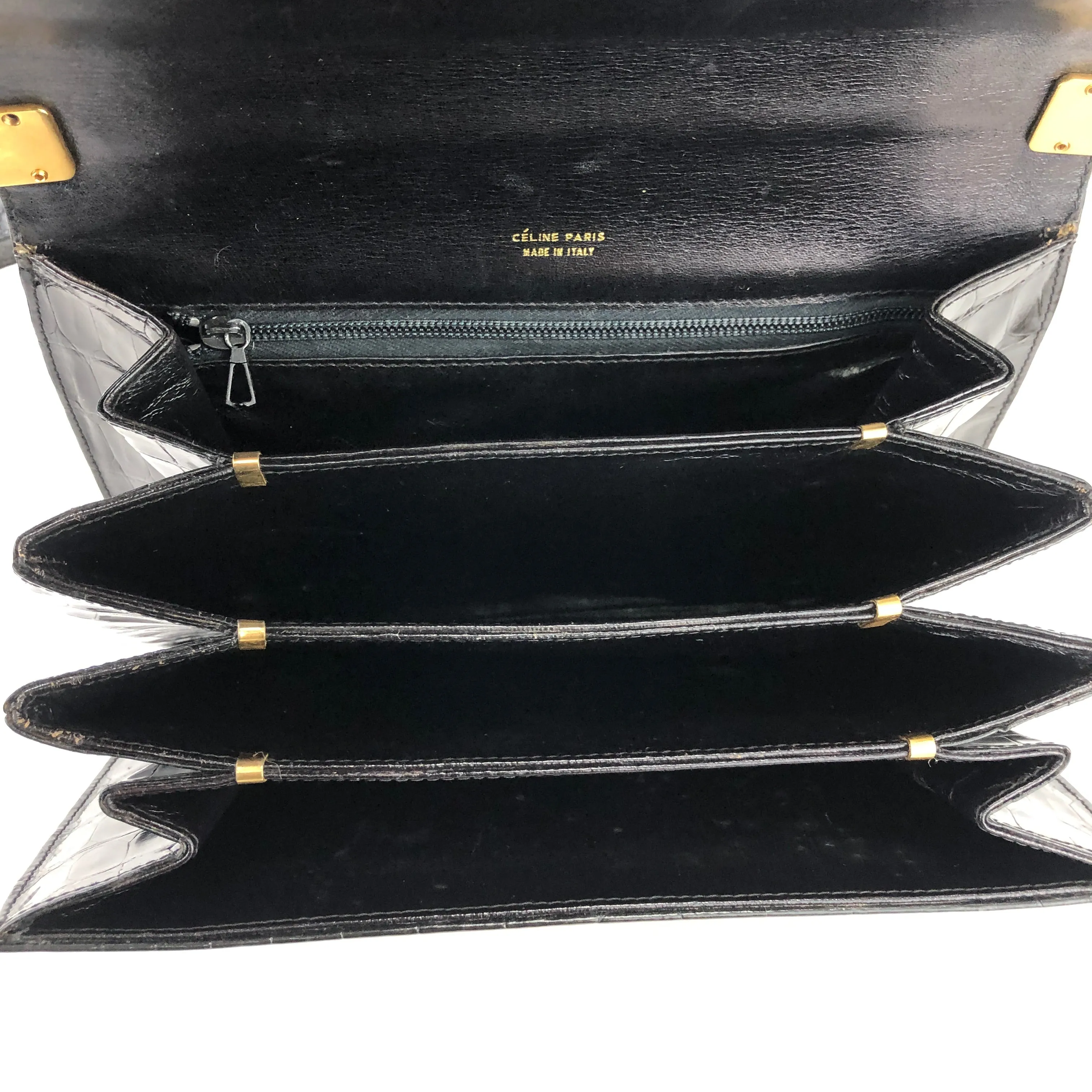 CELINE C logo Horse carriage Crocodile embossed leather Shoulder bag Black Old CELINE vintage 6tmne2